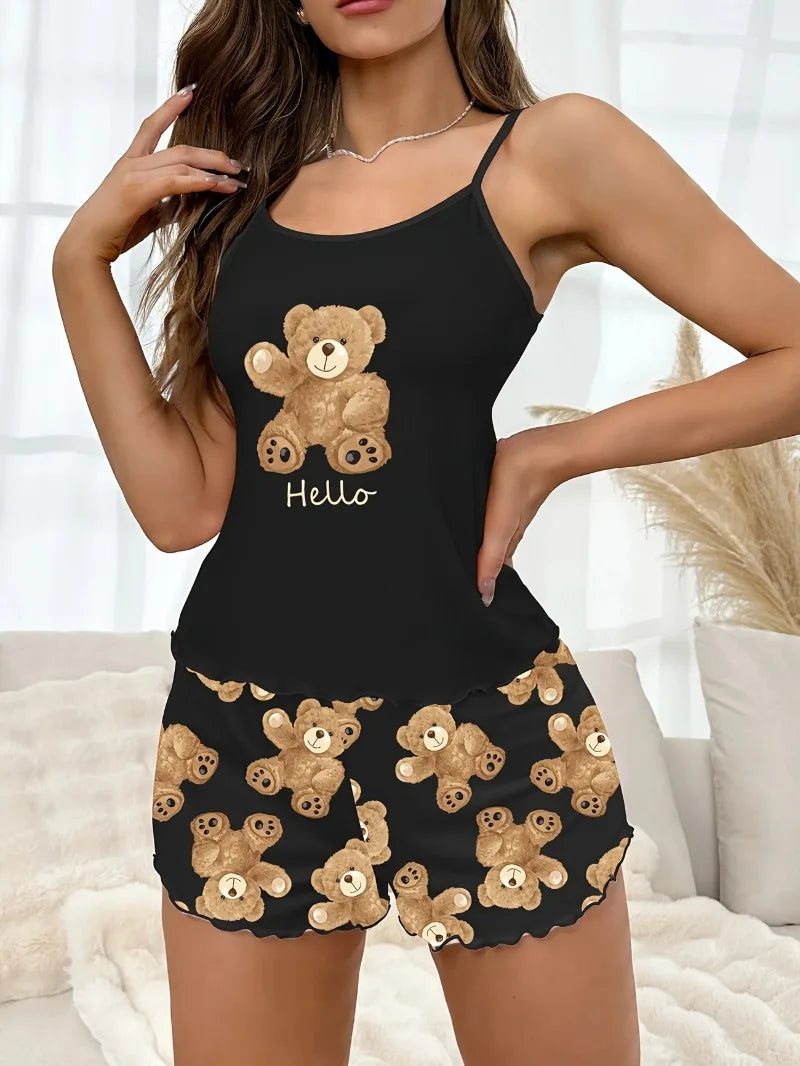 Cute Black Bear Printed Sling Crop Tops and Shorts Pajamas Set for Women's Loungewear Sleepwear Home Wear Clothes