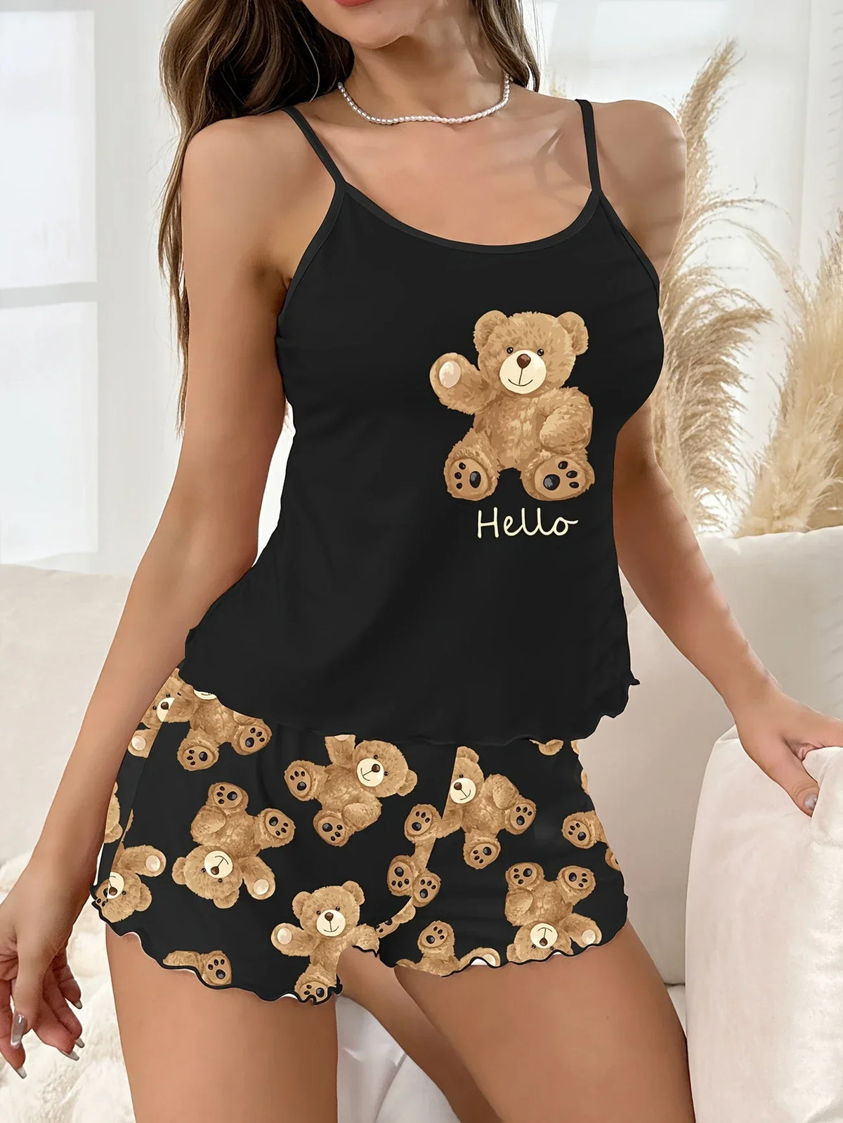 Cute Black Bear Printed Sling Crop Tops and Shorts Pajamas Set for Women's Loungewear Sleepwear Home Wear Clothes