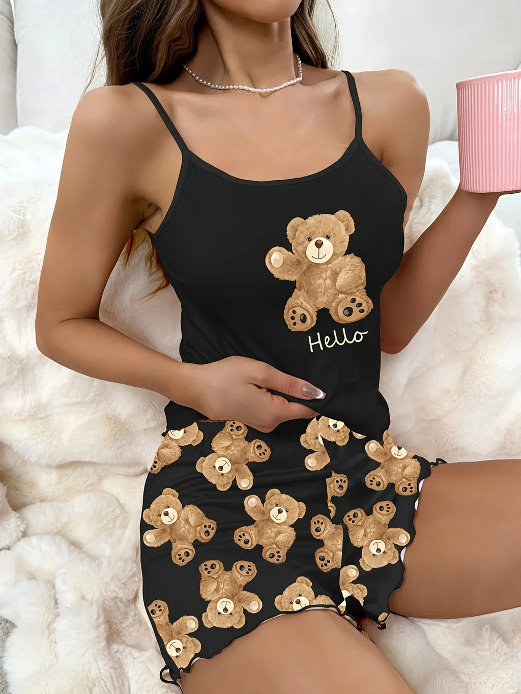 Cute Black Bear Printed Sling Crop Tops and Shorts Pajamas Set for Women's Loungewear Sleepwear Home Wear Clothes