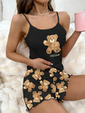 Cute Black Bear Printed Sling Crop Tops and Shorts Pajamas Set for Women's Loungewear Sleepwear Home Wear Clothes
