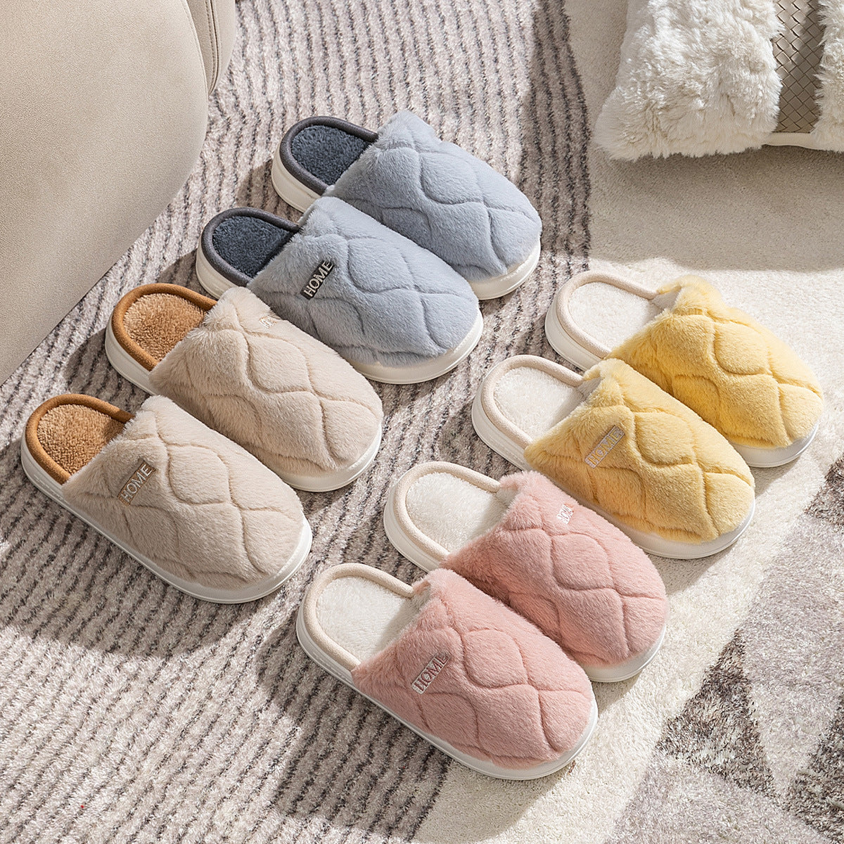 Plush Slippers Winter For Women Indoor Floor Bedroom Home Slipper Warm Solid House Shoes.
